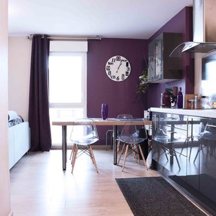 Design ideas for a mid-sized modern single-wall eat-in kitchen in Other with flat-panel cabinets, grey cabinets, laminate benchtops, laminate floors and beige floor.