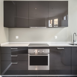Inspiration for a small modern single-wall open plan kitchen in Other with an integrated sink, beaded inset cabinets, grey cabinets, quartzite benchtops and no island.