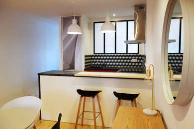 Ejemplo de cocina contemporánea pequeña con fregadero de un seno, puertas de armario rojas, encimera de laminado, salpicadero de azulejos de cemento y electrodomésticos de acero inoxidable