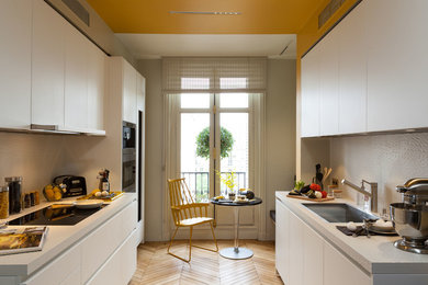 Geschlossene, Zweizeilige, Mittelgroße Moderne Küche ohne Insel mit Waschbecken, weißen Schränken, Elektrogeräten mit Frontblende und braunem Holzboden in Paris