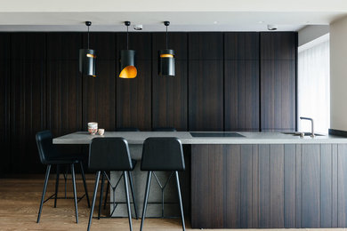 Пример оригинального дизайна: большая параллельная кухня в современном стиле с обеденным столом, врезной мойкой, темными деревянными фасадами, техникой под мебельный фасад и островом