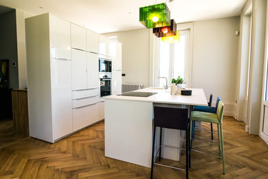 Diseño de cocina actual abierta con fregadero integrado, suelo de madera clara y una isla