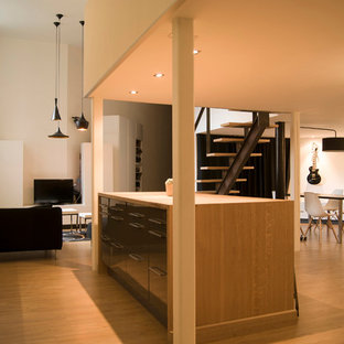 Idée de décoration pour une grand cuisine ouverte parallèle design avec un sol en bois clair et un îlot central.
