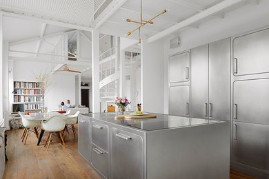 Стильный дизайн: кухня-гостиная среднего размера в скандинавском стиле с плоскими фасадами, фасадами из нержавеющей стали и островом - последний тренд