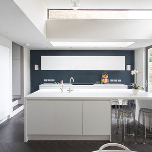 Cette image montre une cuisine américaine design avec un évier 1 bac, un placard à porte plane, des portes de placard blanches, un électroménager en acier inoxydable, un sol en bois foncé, un îlot central et un sol marron.