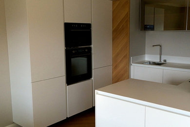 Cette image montre une cuisine design en U de taille moyenne et fermée.