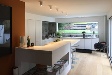 Réalisation d'une cuisine ouverte minimaliste en L de taille moyenne avec des portes de placard blanches, îlot et un plan de travail blanc.