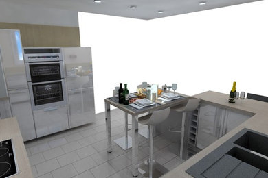 Design ideas for a medium sized eclectic u-shaped open plan kitchen in Le Havre with a built-in sink, flat-panel cabinets, white cabinets, laminate countertops, beige splashback, wood splashback, stainless steel appliances, cement flooring, a breakfast bar and beige floors.