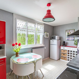 Idée de décoration pour une cuisine bohème fermée avec un évier 2 bacs, un placard à porte plane, des portes de placard rouges, une crédence grise, un électroménager en acier inoxydable et aucun îlot.