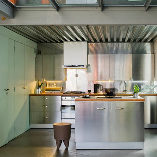 Cette photo montre une cuisine ouverte parallèle industrielle de taille moyenne avec une façade en inox et un îlot central.