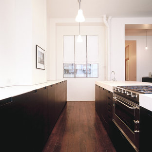 Idées déco pour une cuisine ouverte parallèle contemporaine de taille moyenne avec des portes de placard en bois sombre et un îlot central.