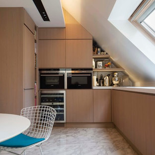Aménagement d'une petit cuisine américaine scandinave en U avec un placard à porte plane, des portes de placard en bois clair, un électroménager encastrable, un sol en marbre et aucun îlot.