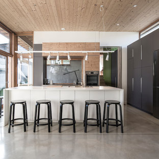Idée de décoration pour une grand cuisine américaine parallèle design avec un placard à porte plane, une crédence en feuille de verre, un électroménager en acier inoxydable, béton au sol, un îlot central, un sol gris, un évier 1 bac, une façade en inox et une crédence grise.