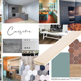 Large modern l-shaped open plan kitchen in Nantes with an undermount sink, beaded inset cabinets, green cabinets, wood benchtops, green splashback, timber splashback, panelled appliances, terra-cotta floors and red floor.