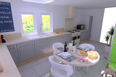 Design ideas for a large contemporary l-shaped enclosed kitchen in Le Havre with a built-in sink, shaker cabinets, medium wood cabinets, laminate countertops, beige splashback, wood splashback, coloured appliances, cement flooring, no island and beige floors.
