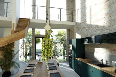 Exempel på ett stort klassiskt brun brunt kök, med en integrerad diskho, luckor med profilerade fronter, gröna skåp, träbänkskiva, grått stänkskydd, stänkskydd i metallkakel, integrerade vitvaror, betonggolv, en köksö och grått golv