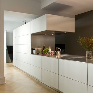 Idée de décoration pour une grand cuisine ouverte linéaire design avec des portes de placard blanches et aucun îlot.