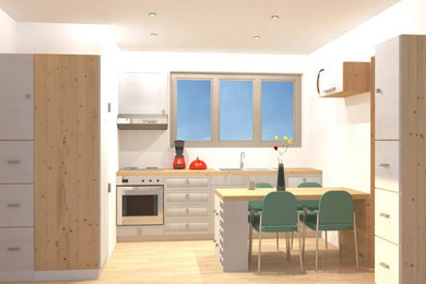 Cette photo montre une cuisine tendance avec un évier encastré, un plan de travail en bois et parquet clair.