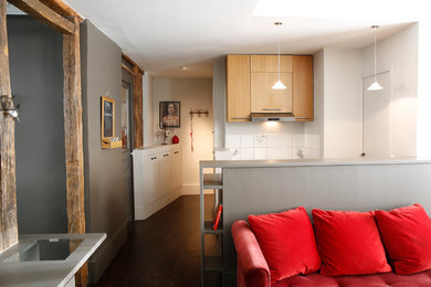 Zweizeilige, Kleine, Offene Moderne Küche mit hellen Holzschränken, Granit-Arbeitsplatte, Küchenrückwand in Weiß und Rückwand aus Keramikfliesen in Paris