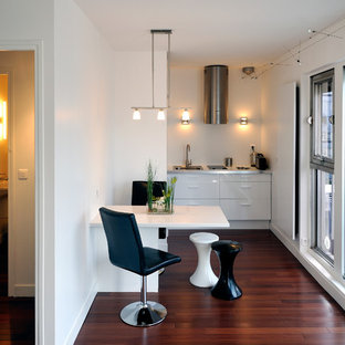 Réalisation d'une petit cuisine américaine linéaire design avec un évier posé, un placard à porte plane, des portes de placard blanches, un plan de travail en inox, un électroménager encastrable, un sol en bois foncé et aucun îlot.