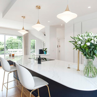 Inspiration pour une grand cuisine américaine parallèle design avec un évier intégré, un placard à porte plane, des portes de placard blanches, un îlot central, un plan de travail blanc, un plan de travail en marbre, un électroménager encastrable, un sol en bois clair et un sol marron.