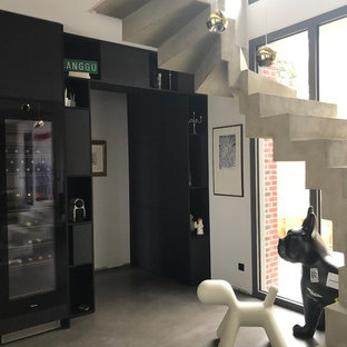 Un escalier en béton cohabite avec le chien Poppy et le dogue noir