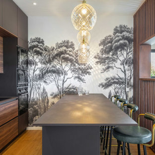 Aménagement d'une cuisine parallèle contemporaine avec un placard à porte plane, des portes de placard en bois sombre, une crédence verte, un électroménager noir, un sol en bois brun, une péninsule, un sol marron, un plan de travail gris et un plafond en papier peint.