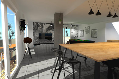 Cette image montre une grande cuisine ouverte linéaire urbaine avec des portes de placard noires, un plan de travail en bois, une crédence blanche, une crédence en marbre et îlot.