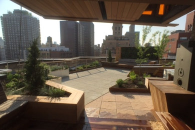 Mittelgroße Moderne Dachterrasse mit Pflanzwand und Markisen in New York