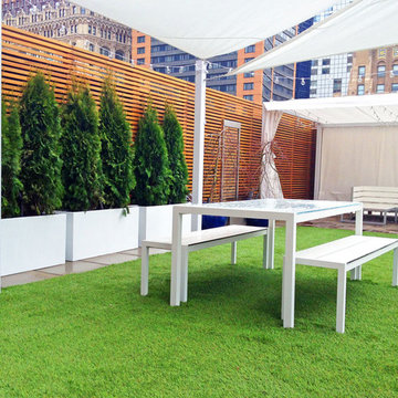 Battery Park City, NYC Roof Garden - Shade Sail, Artificial Turf, White Pots