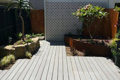 Diseño de terraza actual de tamaño medio en patio trasero con jardín vertical