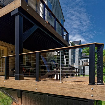 Contemporary Cable Railing Deck with Spiral Staircase