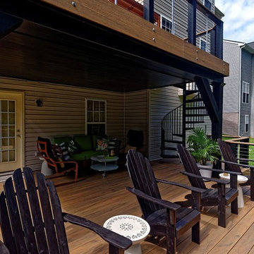 Contemporary Cable Railing Deck with Spiral Staircase