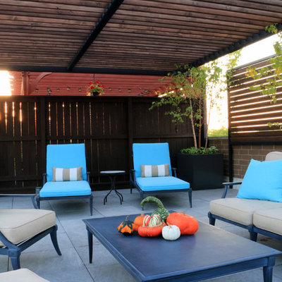 Large trendy rooftop deck container garden photo in Chicago with a pergola