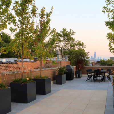 Inspiration for a large contemporary rooftop deck container garden remodel in Chicago with a pergola