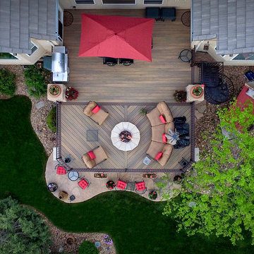 Aerial View of Composite Deck. Fire Pit, Grill Island
