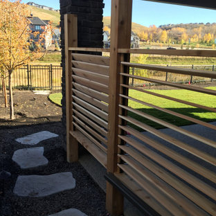 Exemple d'une terrasse arrière de taille moyenne avec des solutions pour vis-à-vis et une pergola.