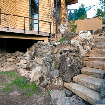 Curved Deck and stone garden stairs
