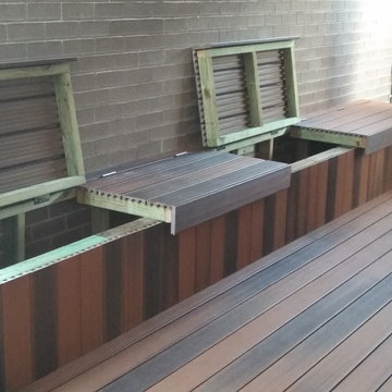 Deck, water feature, storage benches