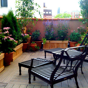 East Village, NYC Terrace Design: Roof Garden, Planter Boxes, Outdoor Seating, M