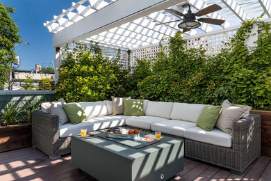 Example of a transitional rooftop rooftop deck container garden design in Chicago with a pergola