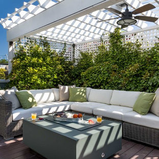 Idee per una terrazza chic sul tetto e sul tetto con un giardino in vaso e una pergola