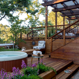 Immagine di una grande terrazza classica dietro casa con un giardino in vaso, una pergola e parapetto in materiali misti