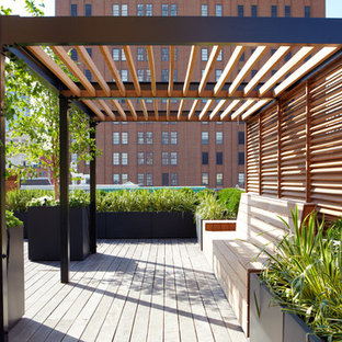 Example of a large trendy rooftop deck container garden design in New York with a pergola