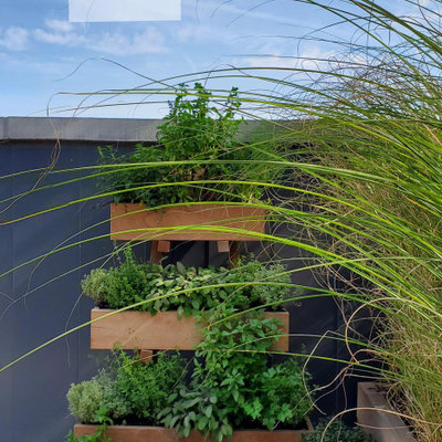 Large trendy rooftop deck container garden photo in New York with no cover