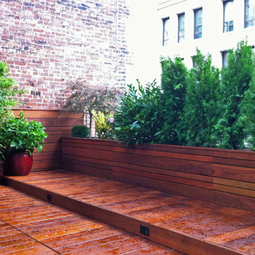 Manhattan Roof Garden: Terrace Deck, Wood Planter Boxes, Fence, Container Garden