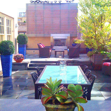 Manhattan Terrace Design: Roof Garden, Bluestone Paver Patio, Deck, Fireplace, D