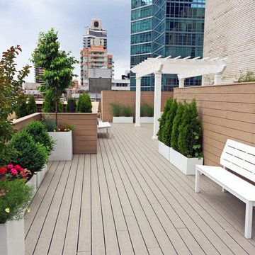 Midtown East, NYC Roof Garden Composite Deck, Fiberglass Pergola, White Planters