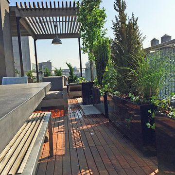 Midtown NYC Roof Garden - Ipe Deck Tiles, Pergola, Metal Planters