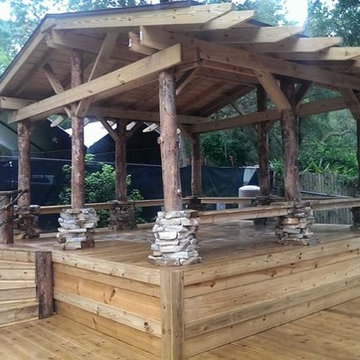 Natural Wood and Rock outdoor living and dining space